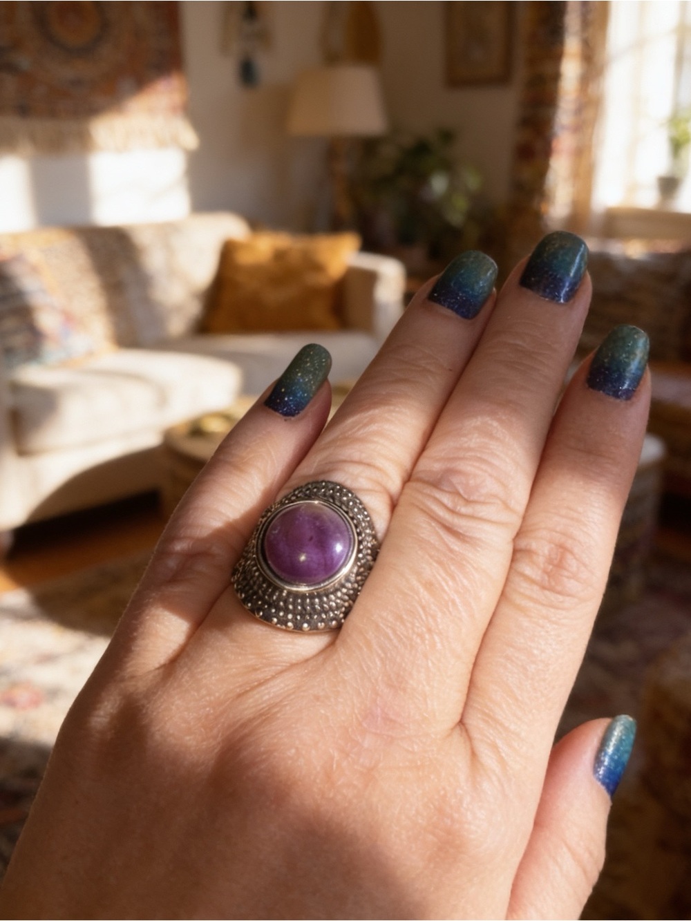 Silver Beaded Amethyst Cabochon Statement Ring, Size 8